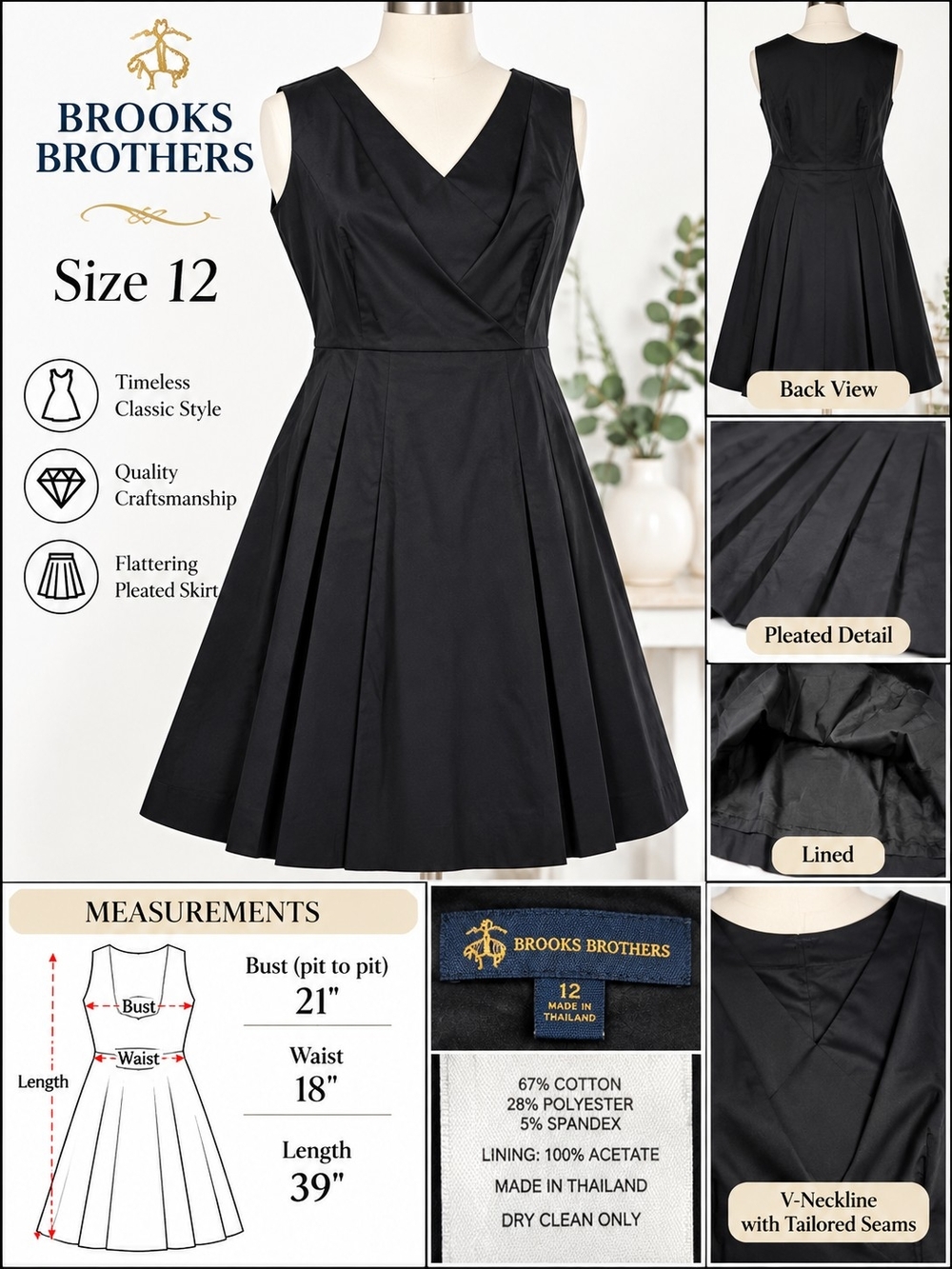 Brooks Brothers Women's Black V-Neck Pleated Fit-and-Flare Dress - Size 12